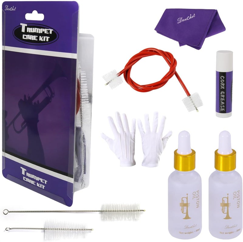Danchet Trumpet Cleaning Kit - Trumpet (Short) Cleaning and Maintenance Kit - Multifunctional Trumpet Care Kit: Valve Oil x2, Cork Grease, Cleaning Cloth, Mouthpiece, Cleaning Brush, Gloves - Image 1